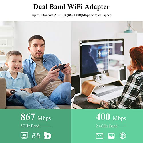 WAVLINK USB3.0 WiFi Adapter, AC1300Mbps Wireless Network Adapter for Desktop PC, Dual Band 5GHz+2.4GHz WLAN with High Gain 2X 3dBi Antennas for Windows XP/Vista/7/8/8.1/10/11 MacOS 10.7-10.15