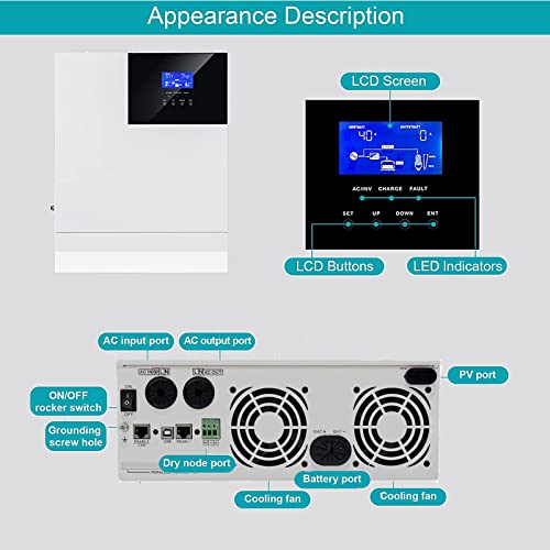 Solar Inverter 3500W Off-Grid Inverter 48V DC to 110V 120V AC, Pure Sine Wave, Built-in 80A MPPT Charge Controller, for 48V Lead Acid or Lithium Battery