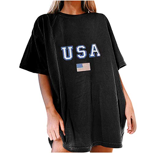 wodceeke Women's Independence Day Off-The-Shoulder Crew Neck Top T-Shirt Funny USA Flag Print Tee Casual Loose Tops (Black, XL)