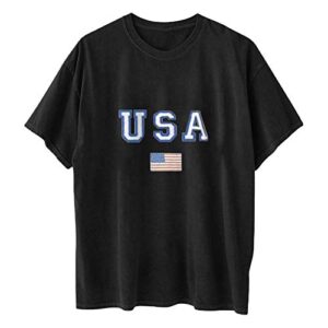 wodceeke Women's Independence Day Off-The-Shoulder Crew Neck Top T-Shirt Funny USA Flag Print Tee Casual Loose Tops (Black, XL)