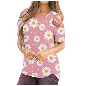 wodceeke Women's Floral Off Shoulder T-shirt Plus Size Round Neck Tee Summer Casual Sports Tops (Pink, XXL)