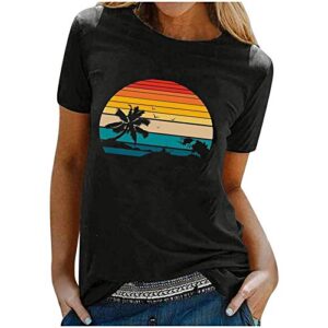 wodceeke women's retro beach print t-shirt short sleeve round neck basic tee summer casual sports tops (black, xxl)