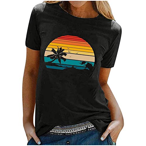 wodceeke Women's Retro Beach Print T-shirt Short Sleeve Round Neck Basic Tee Summer Casual Sports Tops (Black, XXL)
