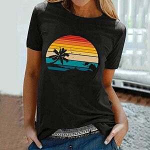 wodceeke Women's Retro Beach Print T-shirt Short Sleeve Round Neck Basic Tee Summer Casual Sports Tops (Black, XXL)