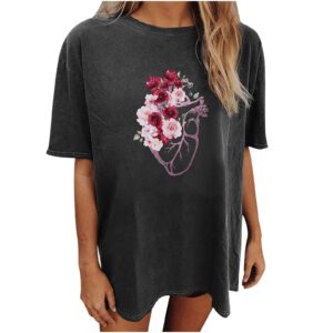 retro graphic print short-sleeve round neck t-shirt for women plus size drop shoulder tee outdoor hip-hop sports tops (dark gray d, l)