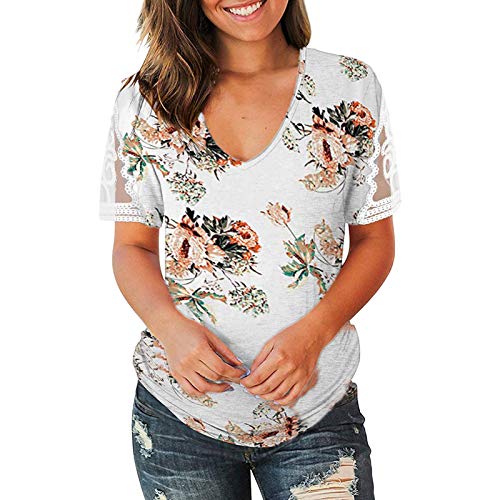 wodceeke Women's Lace Short-Sleeved Floral T-Shirt V-Neck Plus Size Stitching Tee Summer Casual Sports Tops (White, XXL)