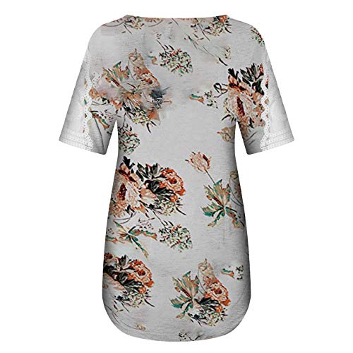 wodceeke Women's Lace Short-Sleeved Floral T-Shirt V-Neck Plus Size Stitching Tee Summer Casual Sports Tops (White, XXL)