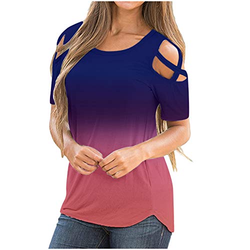 wodceeke Women's Gradient Stitching Off/Cold Shoulder Short-Sleeve T-Shirt Round Neck Plus Size Tee Summer Casual Top (Purple, XL)