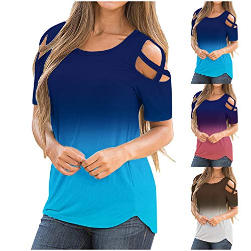 wodceeke Women's Gradient Stitching Off/Cold Shoulder Short-Sleeve T-Shirt Round Neck Plus Size Tee Summer Casual Top (Purple, XL)