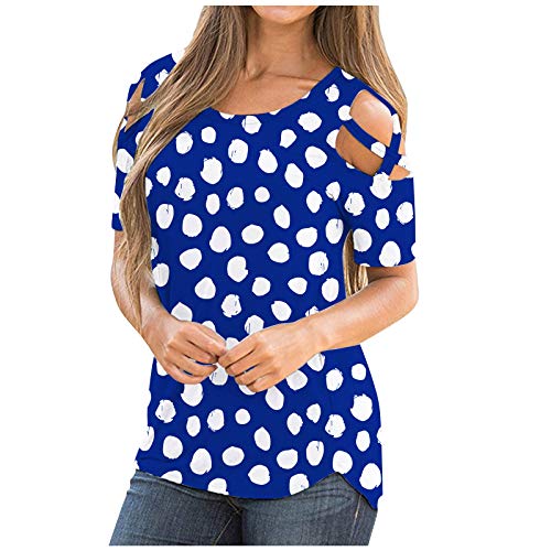 wodceeke Women's Polka Dot Print Off Shoulder T-shirt Plus Size Round Neck Tee Summer Casual Sports Tops (Blue, XL)