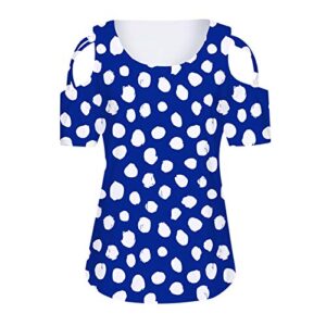 wodceeke Women's Polka Dot Print Off Shoulder T-shirt Plus Size Round Neck Tee Summer Casual Sports Tops (Blue, XL)