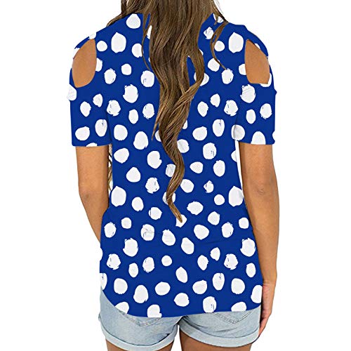 wodceeke Women's Polka Dot Print Off Shoulder T-shirt Plus Size Round Neck Tee Summer Casual Sports Tops (Blue, XL)