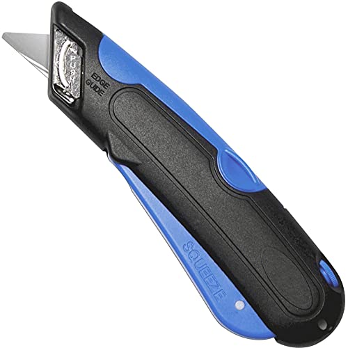 Veltec Self-Retracting Blade Safety Cutter, Left and Right Edge Guide, 3 Depth Setting, Preloaded with 3 Blades - Black/Blue (VC900)