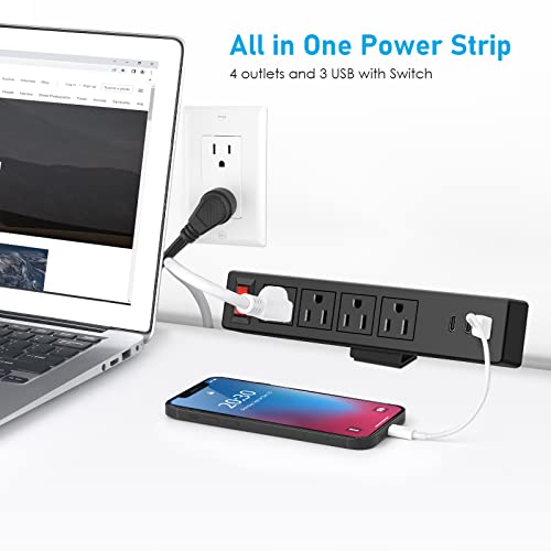 VILONG Black Desktop Edge Power Strip,Removable Clamp Power Outlet Socket 4AC Outlets,1 QC3.0 18W USB-A Ports,2 20W PD Fast Charging USB-C Port,6.5 ft Extension Cord with Switch