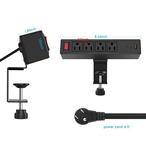 VILONG Black Desktop Edge Power Strip,Removable Clamp Power Outlet Socket 4AC Outlets,1 QC3.0 18W USB-A Ports,2 20W PD Fast Charging USB-C Port,6.5 ft Extension Cord with Switch