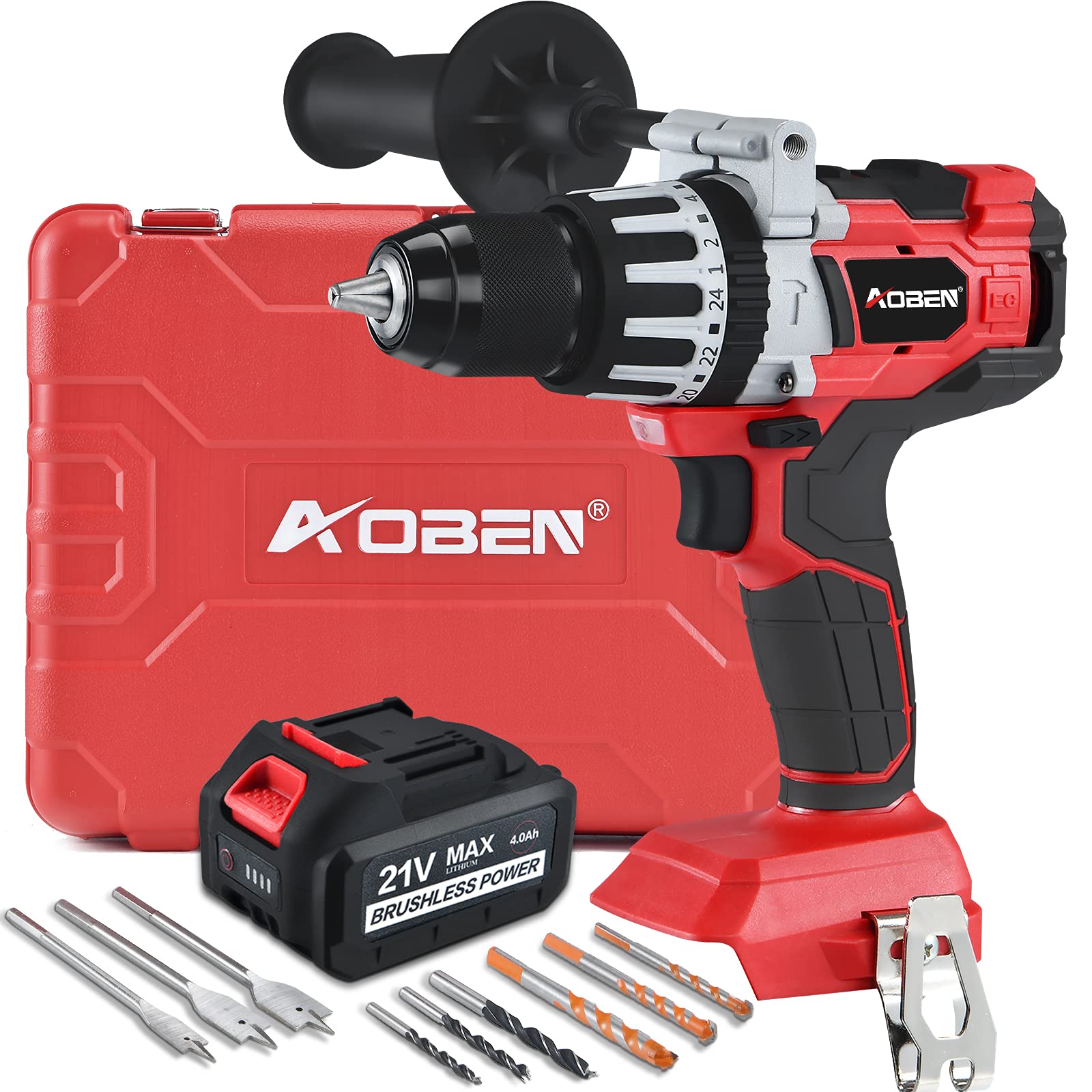 AOBEN 21V Cordless Hammer Drill, High Torque 1200 In-lbs, 1/2-Inch Power Hammer Drill Brushless, with 4.0Ah Li-ion Battery and Charger, Auxiliary Handle, Variable Speed