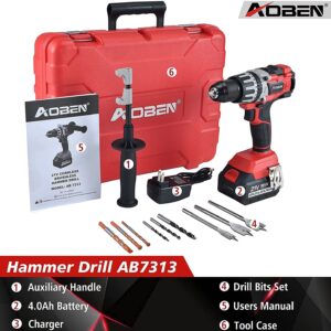 AOBEN 21V Cordless Hammer Drill, High Torque 1200 In-lbs, 1/2-Inch Power Hammer Drill Brushless, with 4.0Ah Li-ion Battery and Charger, Auxiliary Handle, Variable Speed