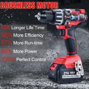 AOBEN 21V Cordless Hammer Drill, High Torque 1200 In-lbs, 1/2-Inch Power Hammer Drill Brushless, with 4.0Ah Li-ion Battery and Charger, Auxiliary Handle, Variable Speed