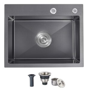 OUGOO 25 x 18inch Drop-in Tight Radius Black Stainless Steel Topmount Kitchen Sink Single Bowl