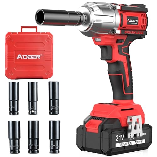 AOBEN 21V Cordless High Torque Impact Wrench 1/2 inch, Powerful Brushless Motor with Max Torque 450 ft-lb (600N.m), 4.0Ah Battery, 6 PCS Sockets (17-22mm), Fast Charger and Tool Box