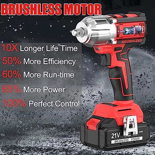 AOBEN 21V Cordless High Torque Impact Wrench 1/2 inch, Powerful Brushless Motor with Max Torque 450 ft-lb (600N.m), 4.0Ah Battery, 6 PCS Sockets (17-22mm), Fast Charger and Tool Box