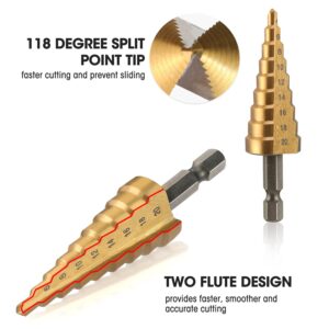 WORKPRO 3-Piece Step Drill Bit Set, 1/4" Hex Shank Quick Change High Speed Steel Titanium Coated Drill Bits for Plastic, Sheet Metal, Aluminum Hole Drilling, Well-Organized Bag Included,Metric