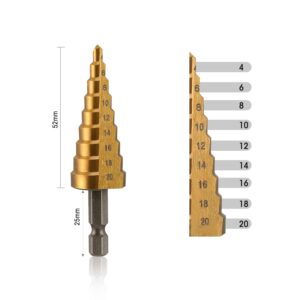 WORKPRO 3-Piece Step Drill Bit Set, 1/4" Hex Shank Quick Change High Speed Steel Titanium Coated Drill Bits for Plastic, Sheet Metal, Aluminum Hole Drilling, Well-Organized Bag Included,Metric