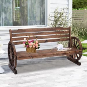 kintness wooden wagon wheel bench rustic outdoor patio furniture 2-person seat bench with backrest for backyard patio