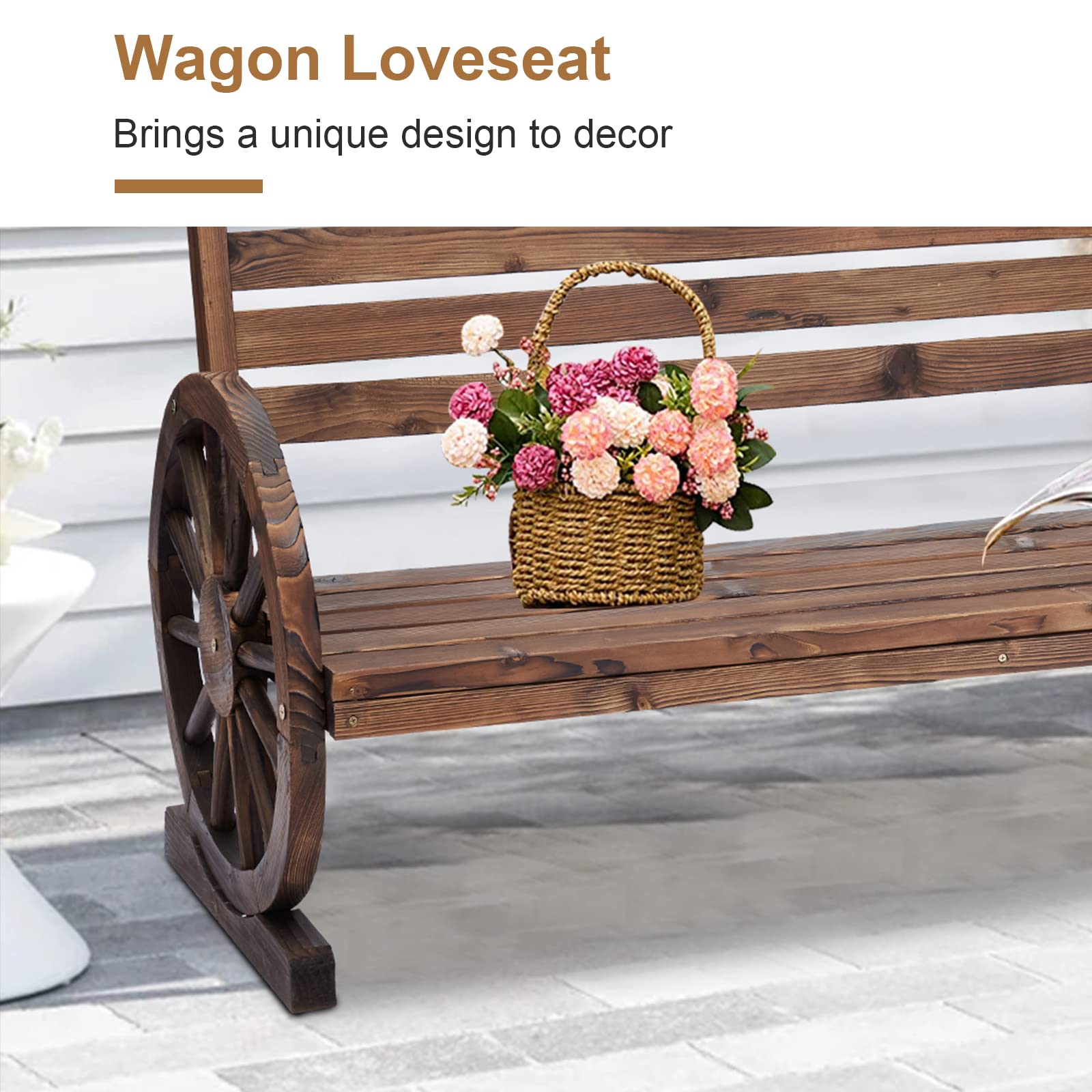 KINTNESS Wooden Wagon Wheel Bench Rustic Outdoor Patio Furniture 2-Person Seat Bench with Backrest for Backyard Patio