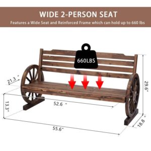 KINTNESS Wooden Wagon Wheel Bench Rustic Outdoor Patio Furniture 2-Person Seat Bench with Backrest for Backyard Patio