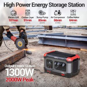 ROCKPALS Portable Power Station 1254.4Wh, 1300W LiFePO4 Battery Backup Power, Solar Generator with 3x110V/1300W AC Outlets(Peak 2000W), Emergency Power Equipment for Outdoor RV/Van Camping, Home Use