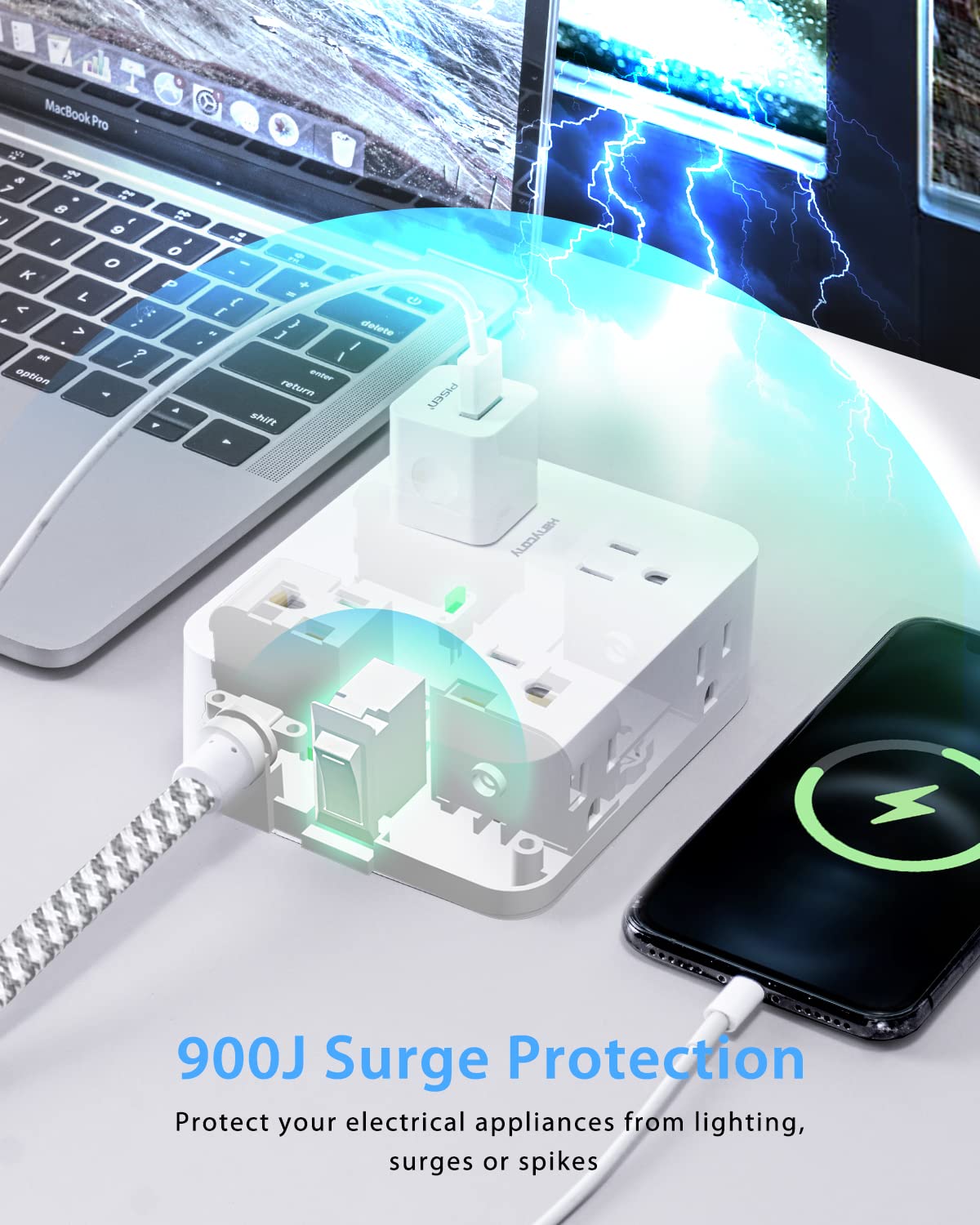 Surge Protector Power Strip - 8 Widely Outlets with 4 USB Charging Ports, Multi Plug Outlet Extender with 5Ft Braided Extension Cord, Flat Plug Wall Mount Desk USB Charging Station for Home Office ETL