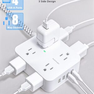 Surge Protector Power Strip - 8 Widely Outlets with 4 USB Charging Ports, Multi Plug Outlet Extender with 5Ft Braided Extension Cord, Flat Plug Wall Mount Desk USB Charging Station for Home Office ETL