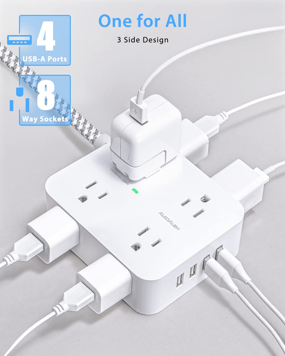 Surge Protector Power Strip - 8 Widely Outlets with 4 USB Charging Ports, Multi Plug Outlet Extender with 5Ft Braided Extension Cord, Flat Plug Wall Mount Desk USB Charging Station for Home Office ETL