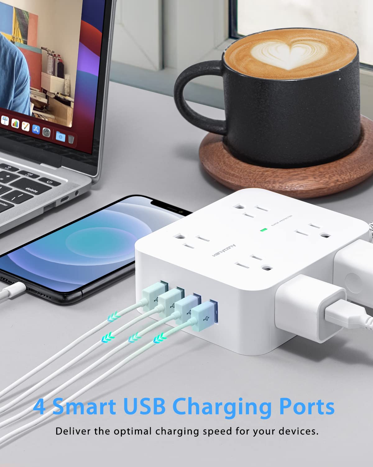 Surge Protector Power Strip - 8 Widely Outlets with 4 USB Charging Ports, Multi Plug Outlet Extender with 5Ft Braided Extension Cord, Flat Plug Wall Mount Desk USB Charging Station for Home Office ETL