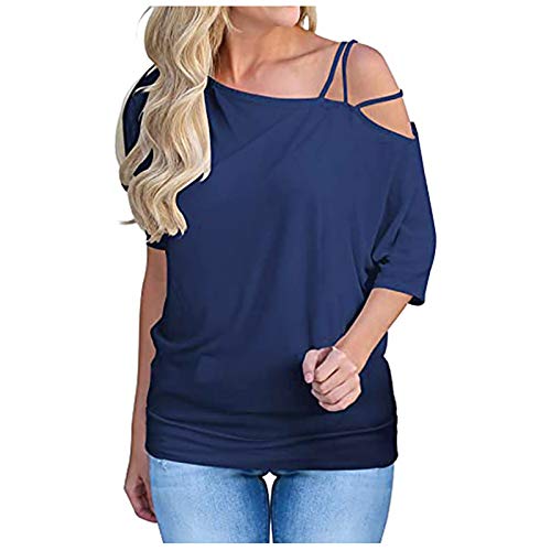 Bravetoshop Women Off The Shoulder Tops Short Sleeve Tunic T Shirts Summer Casual Loose Fit Blouse Tee Shirts (Navy,XL)