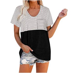 bravetoshop women summer t shirts short sleeve v neck pocket tee tops casual basic tees classic striped blouse (black,s)