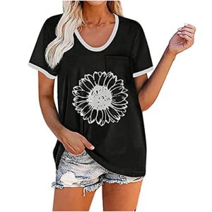 bravetoshop women summer t shirts short sleeve v neck sunflower cute graphic printed tee tops casual loose blouse (black,m)