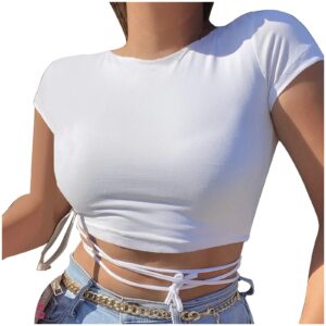 Bravetoshop Women's Summer Crop Top Basic Short Sleeve Crewneck Crisscross Cut Out Strappy Tie Backless Tee Tops (White,L)