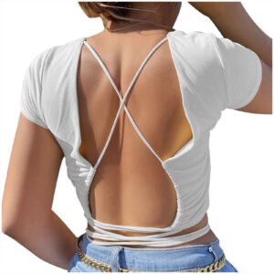 Bravetoshop Women's Summer Crop Top Basic Short Sleeve Crewneck Crisscross Cut Out Strappy Tie Backless Tee Tops (White,L)