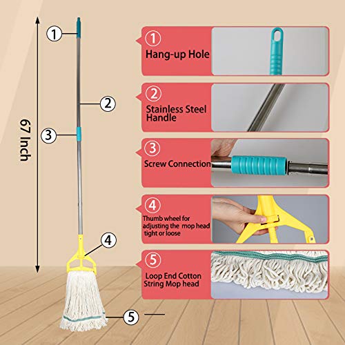 OFO Loop-End String Wet Mop, Heavy Duty Commercial Industrial Mop, 67 inch Stainless Steel Pole,3- Pack