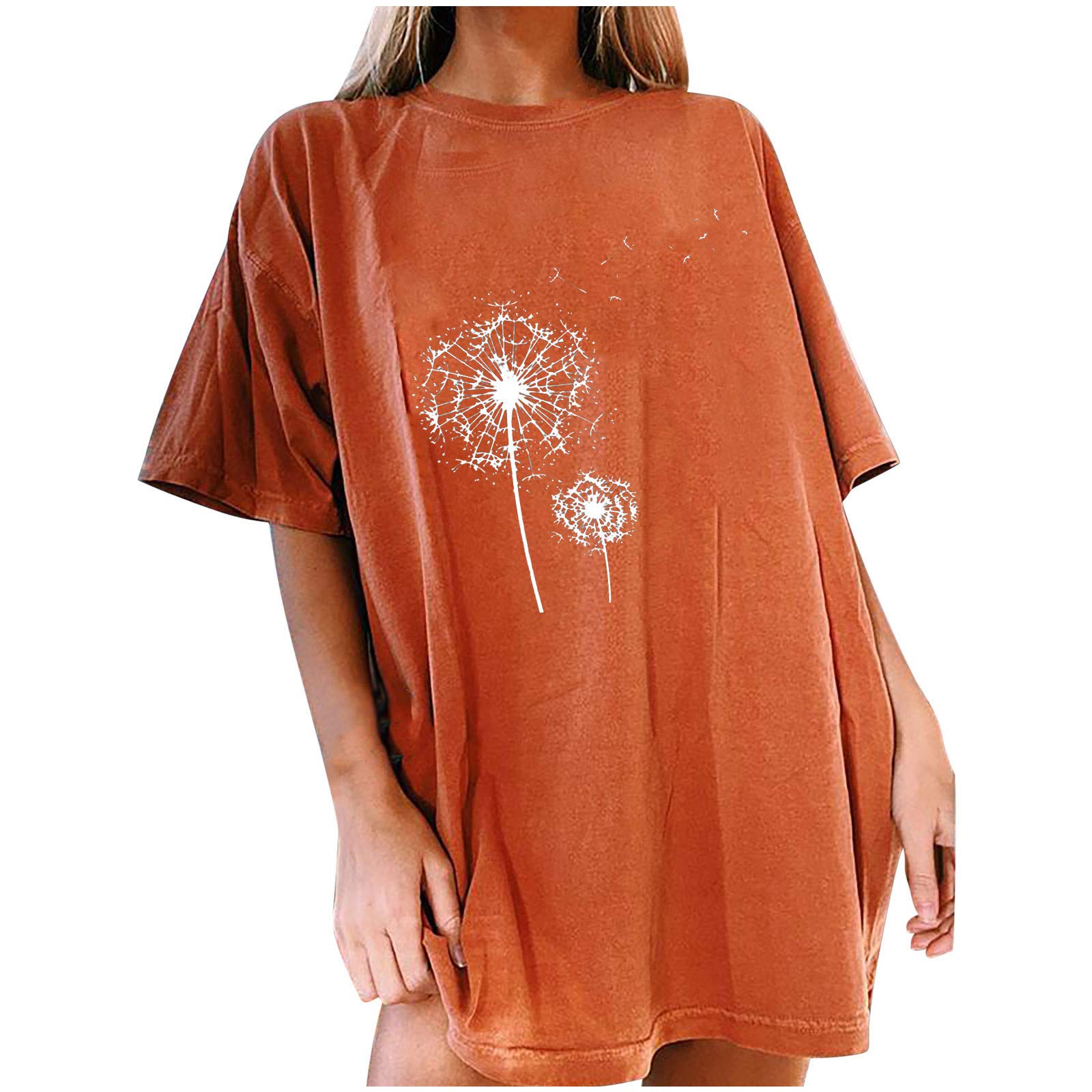 Bravetoshop Women Oversized Vintage Graphic T Shirt Novelty Dandelion Print Tee Tops Casual Short Sleeve Loose Blouse (A-Orange,XL)