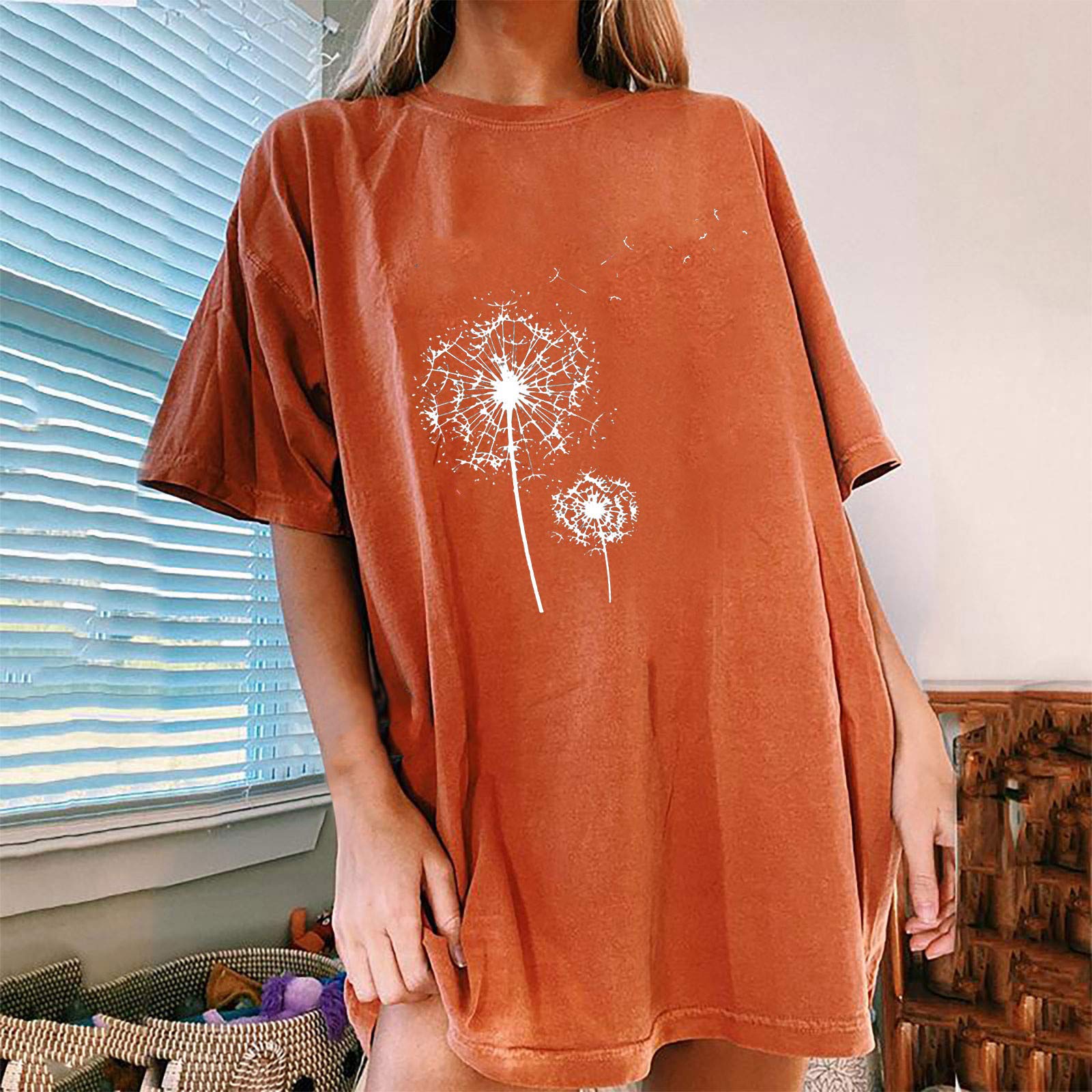 Bravetoshop Women Oversized Vintage Graphic T Shirt Novelty Dandelion Print Tee Tops Casual Short Sleeve Loose Blouse (A-Orange,XL)