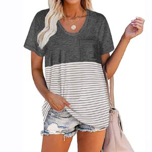 bravetoshop women basic tees shirts short sleeve v neck classic striped t shirts casual summer plus size blouse (gray,xxl)