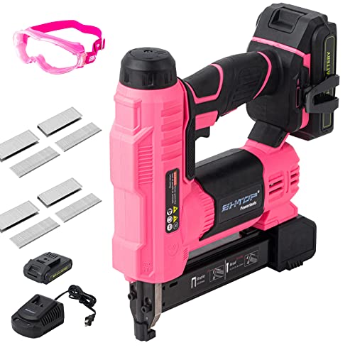 BHTOP 20V Cordless Brad Nail Gun, 2 in 1 Staple Gun, Battery Powered Brad Nailer, 18 Gauge Cordless Stapler with 2.0A Rechargeable Battery, Charger, 2500 Brad Nails and 500 Staples in Pink