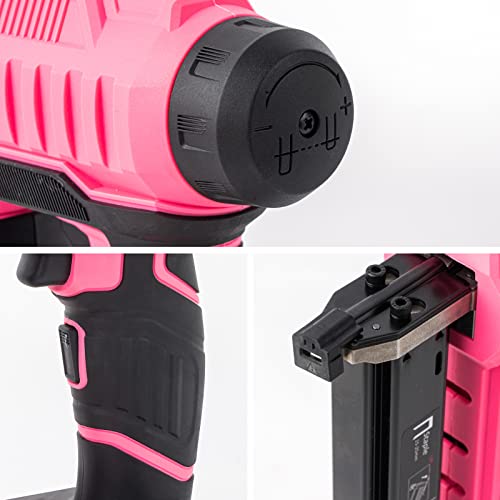 BHTOP 20V Cordless Brad Nail Gun, 2 in 1 Staple Gun, Battery Powered Brad Nailer, 18 Gauge Cordless Stapler with 2.0A Rechargeable Battery, Charger, 2500 Brad Nails and 500 Staples in Pink