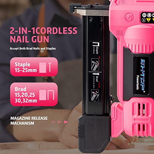 BHTOP 20V Cordless Brad Nail Gun, 2 in 1 Staple Gun, Battery Powered Brad Nailer, 18 Gauge Cordless Stapler with 2.0A Rechargeable Battery, Charger, 2500 Brad Nails and 500 Staples in Pink