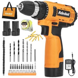 adedad 12v cordless drill set electric power drill with 2 batteries and charger, 3/8 inch keyless chuck, 300 in-lbs torque, 21+1 position, 2 variable speed, led light and 43pcs accessories