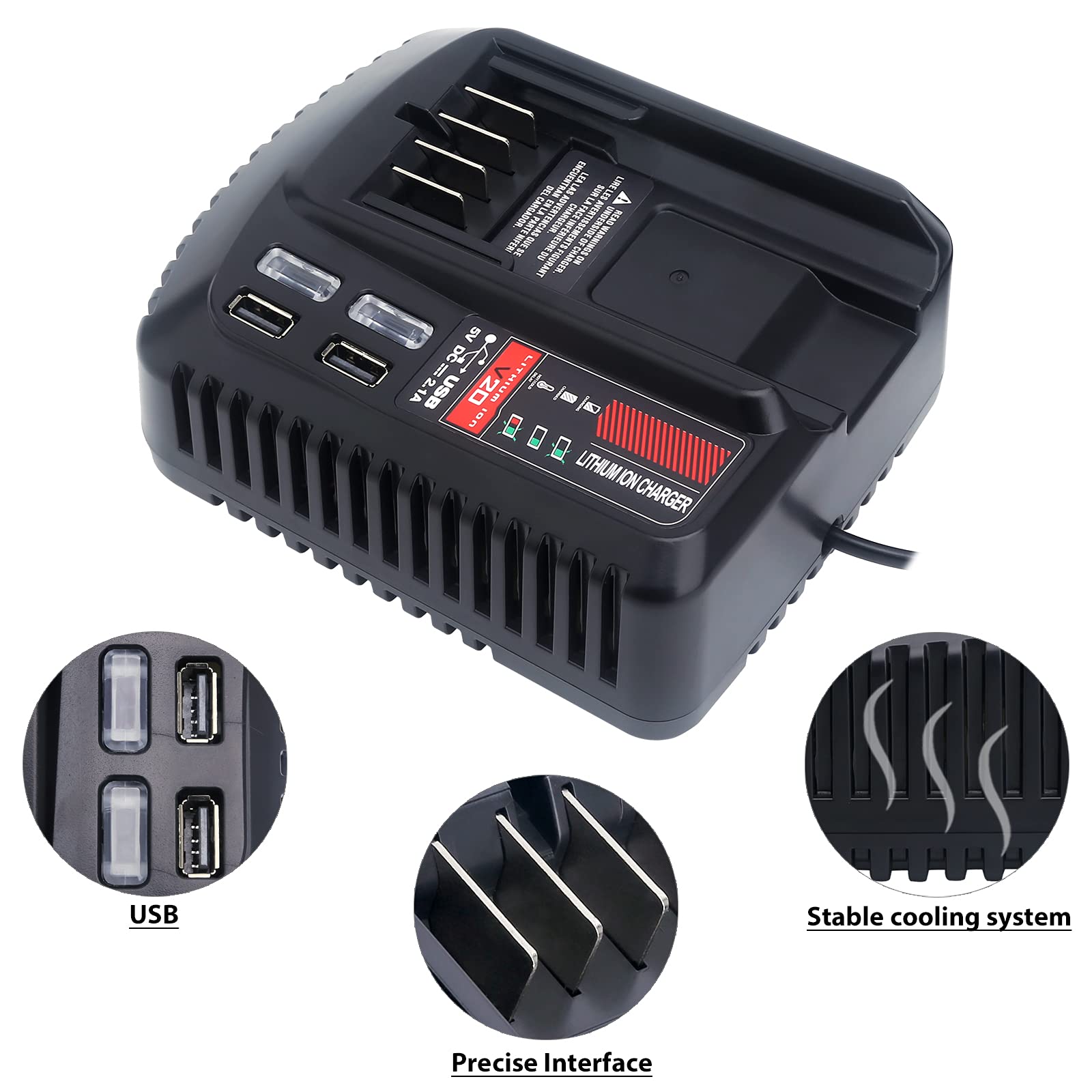 Qbmel 20V Battery Charger Replacement for Craftsman V20 Lithium Ion 20Volts Battery CMCB104 CMCB202 CMCB201 CMCB209 CMCB205 CMCB100 CMCB102 CMCB101 with USB Port(Only for 20V,not for 19.2V)