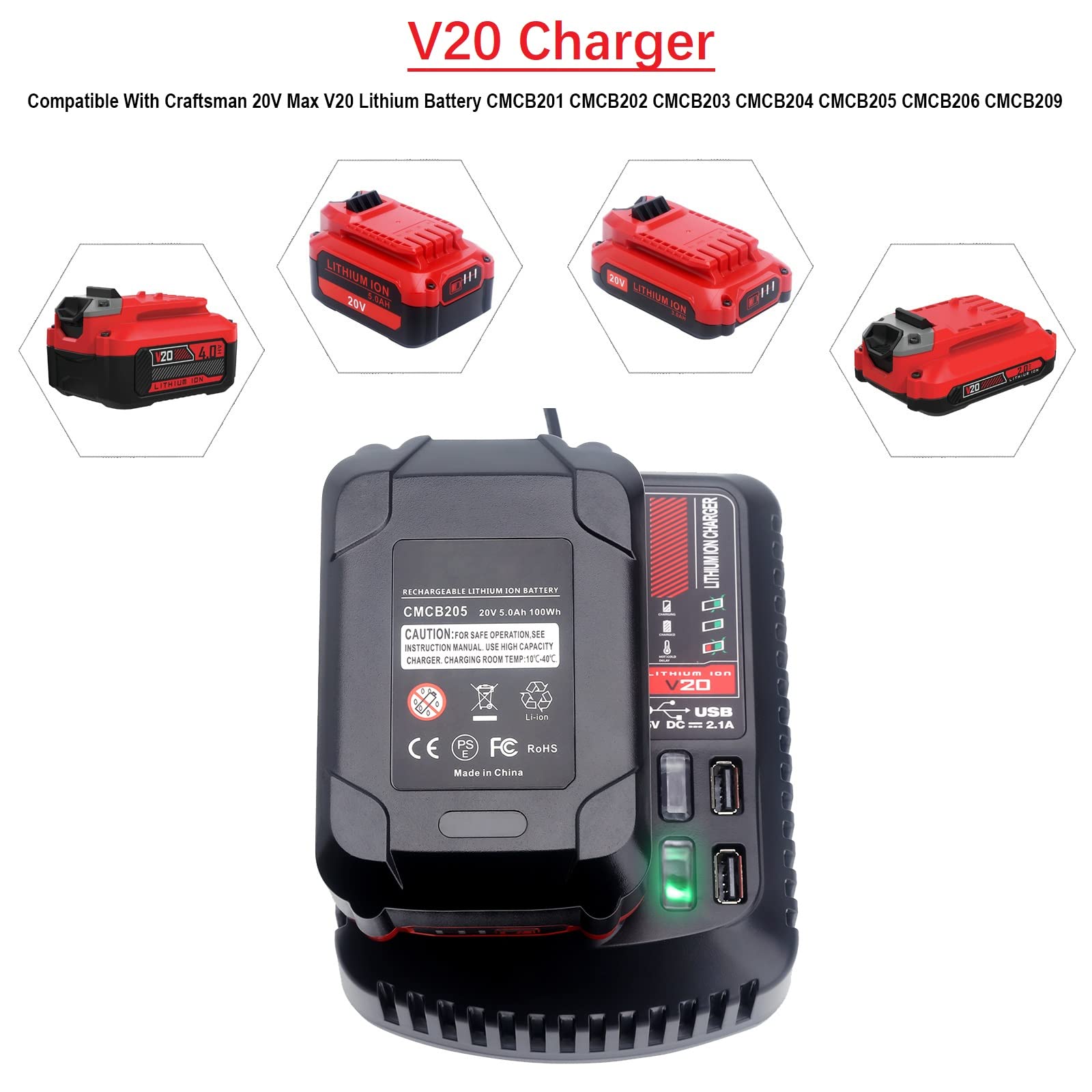 Qbmel 20V Battery Charger Replacement for Craftsman V20 Lithium Ion 20Volts Battery CMCB104 CMCB202 CMCB201 CMCB209 CMCB205 CMCB100 CMCB102 CMCB101 with USB Port(Only for 20V,not for 19.2V)